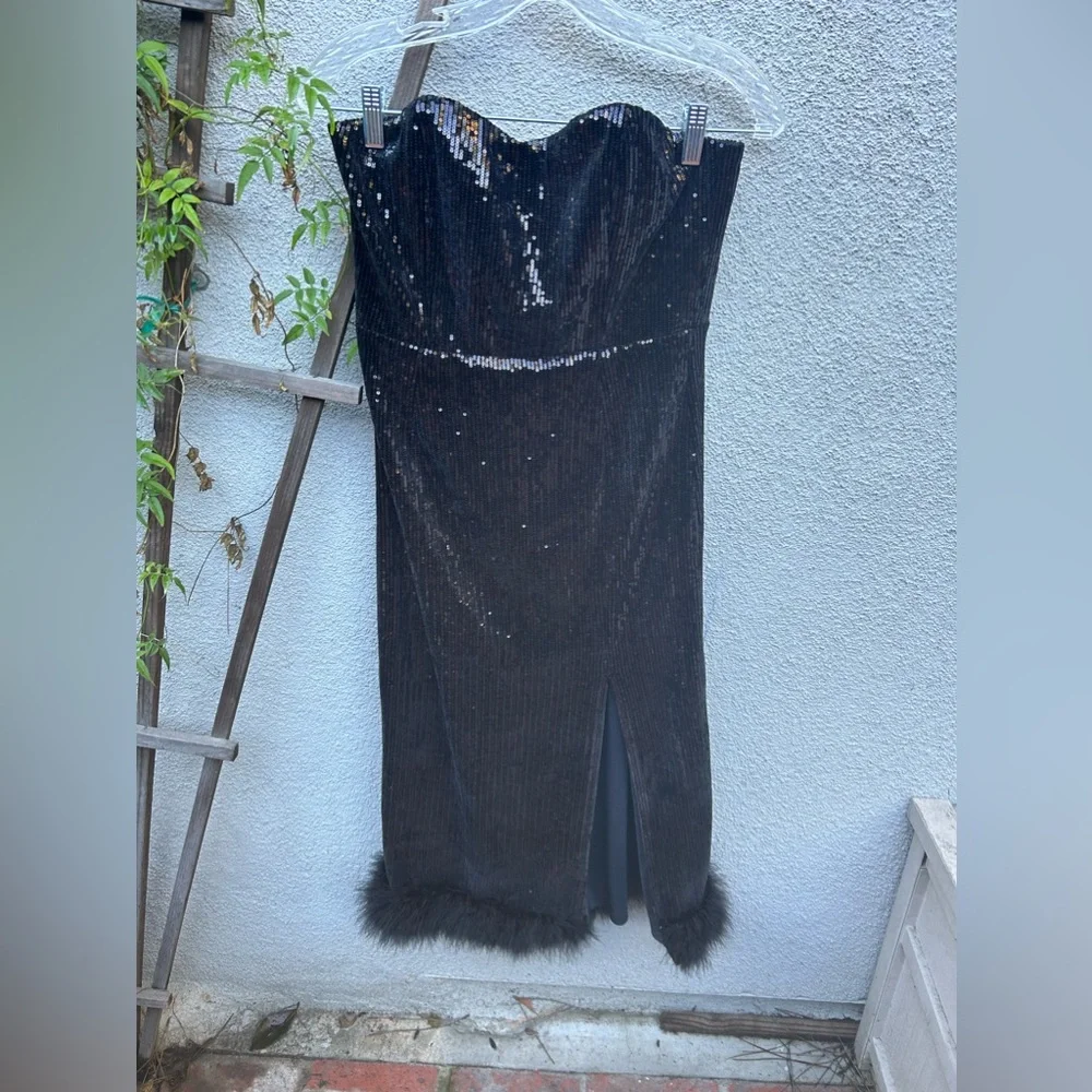 NBD Kalindi Midi Dress in Black Sequin & Feather Trim Size Medium - Picture 5 of 10